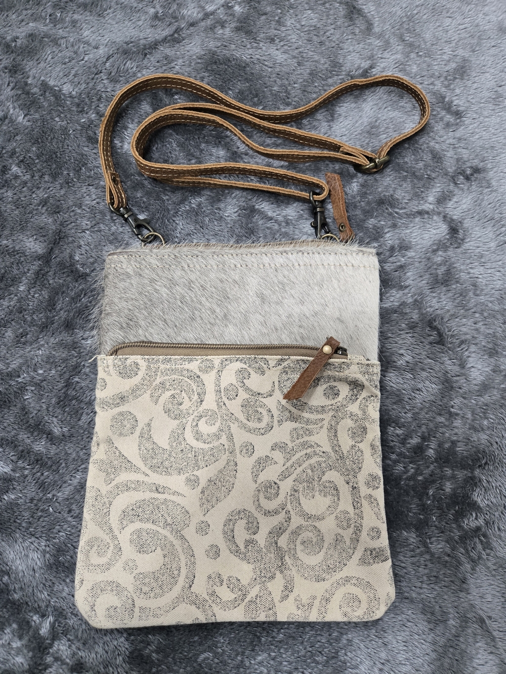 Myra Bag Cowhide Style Canvas Shoulder Bag Zippered Pockets Adj Strap